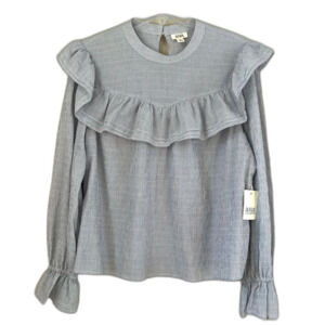 A.N.A. New Long Sleeve Peasant Boho Gray Striped Ruffle High Neck Blouse Top